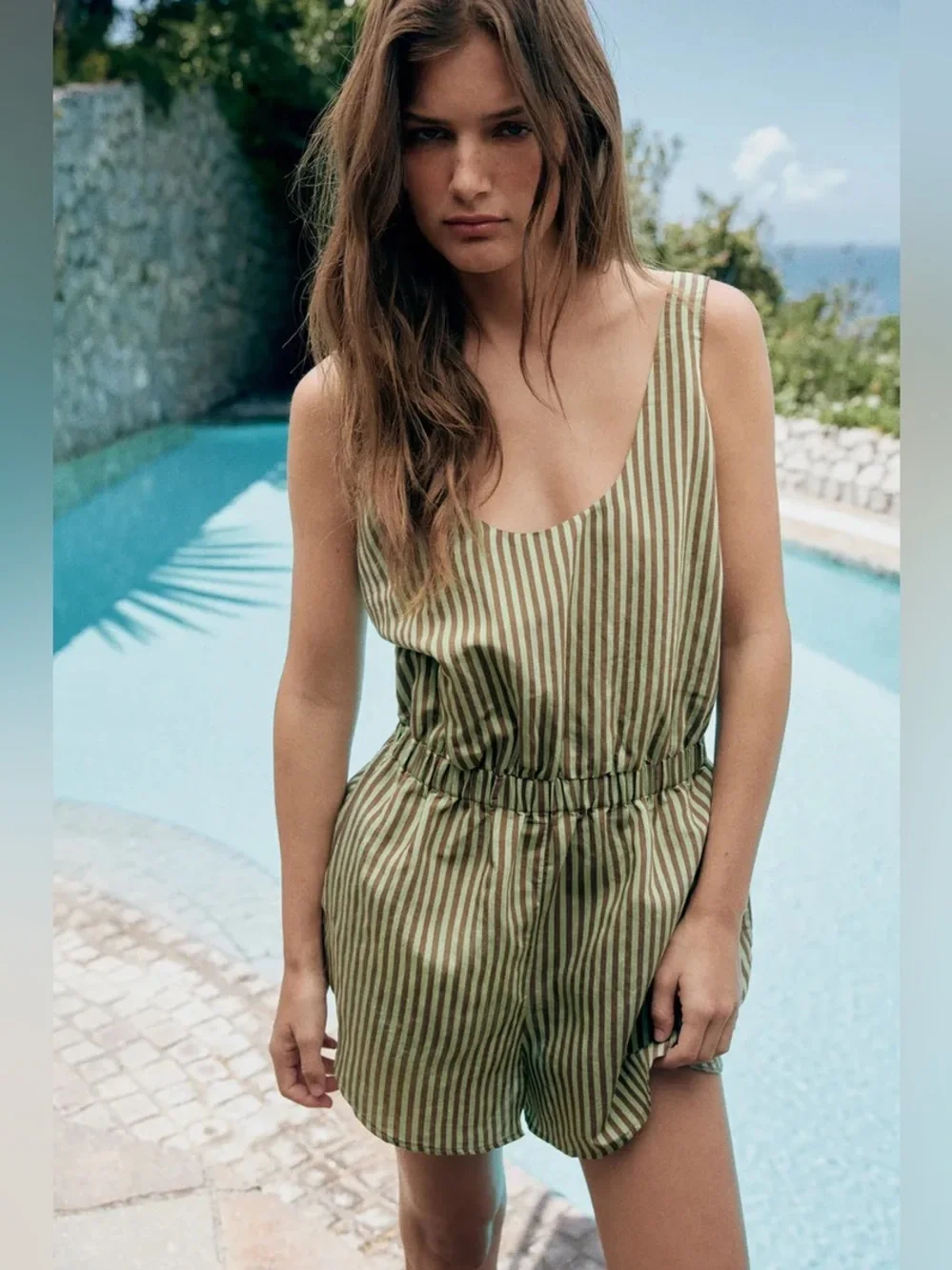 Zara Green and Brown Striped Summer Romper. POP